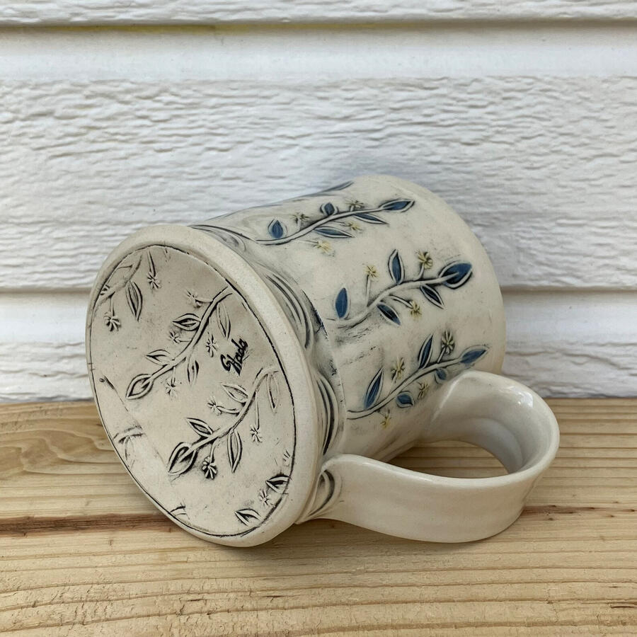 Leaves and Flowers Mug, Coffee Mug, Black and Blue, Handmade Pottery