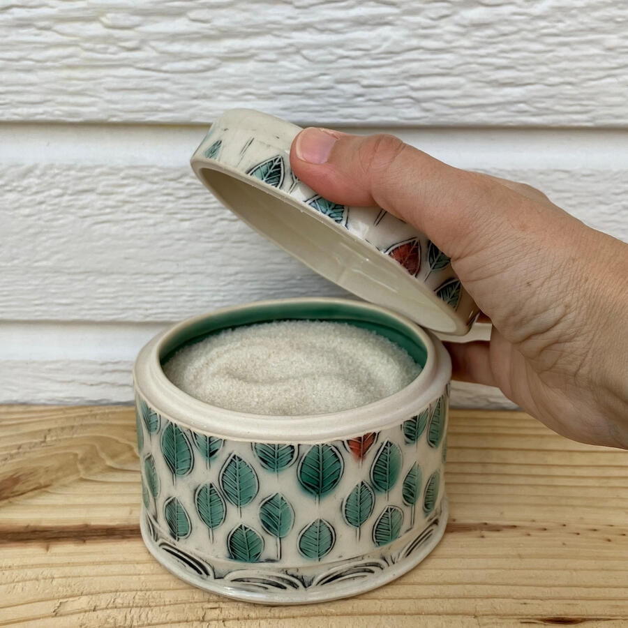 Oval Sugar Jar, Storage Jar, stamped leaves Jar, Green, Handmade Pottery